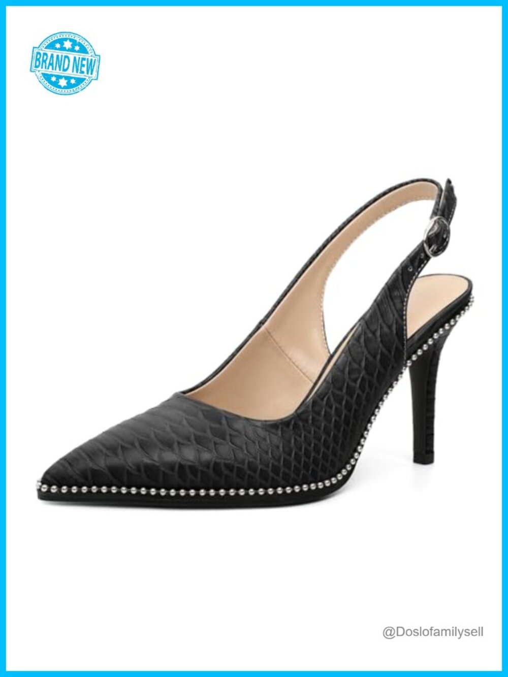 Beaded Slingback Pumps Pointed Toe Stiletto Heels Faux Leather
